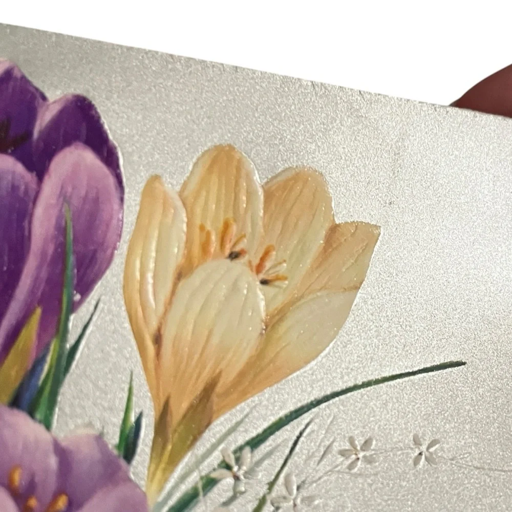 Unused Vintage Easter Greeting Card Glossy Crocus Silver Quaint Shop Original